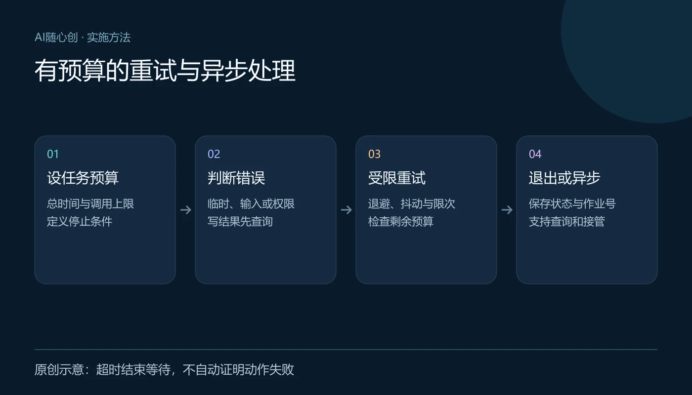 有预算的重试与异步处理:设任务预算(总时间与调用上限、定义停止条件);判断错误(临时、输入或权限、写结果先查询);受限重试(退避、抖动与限次、检查剩余预算);退出或异步(保存状态与作业号、支持查询和接管)