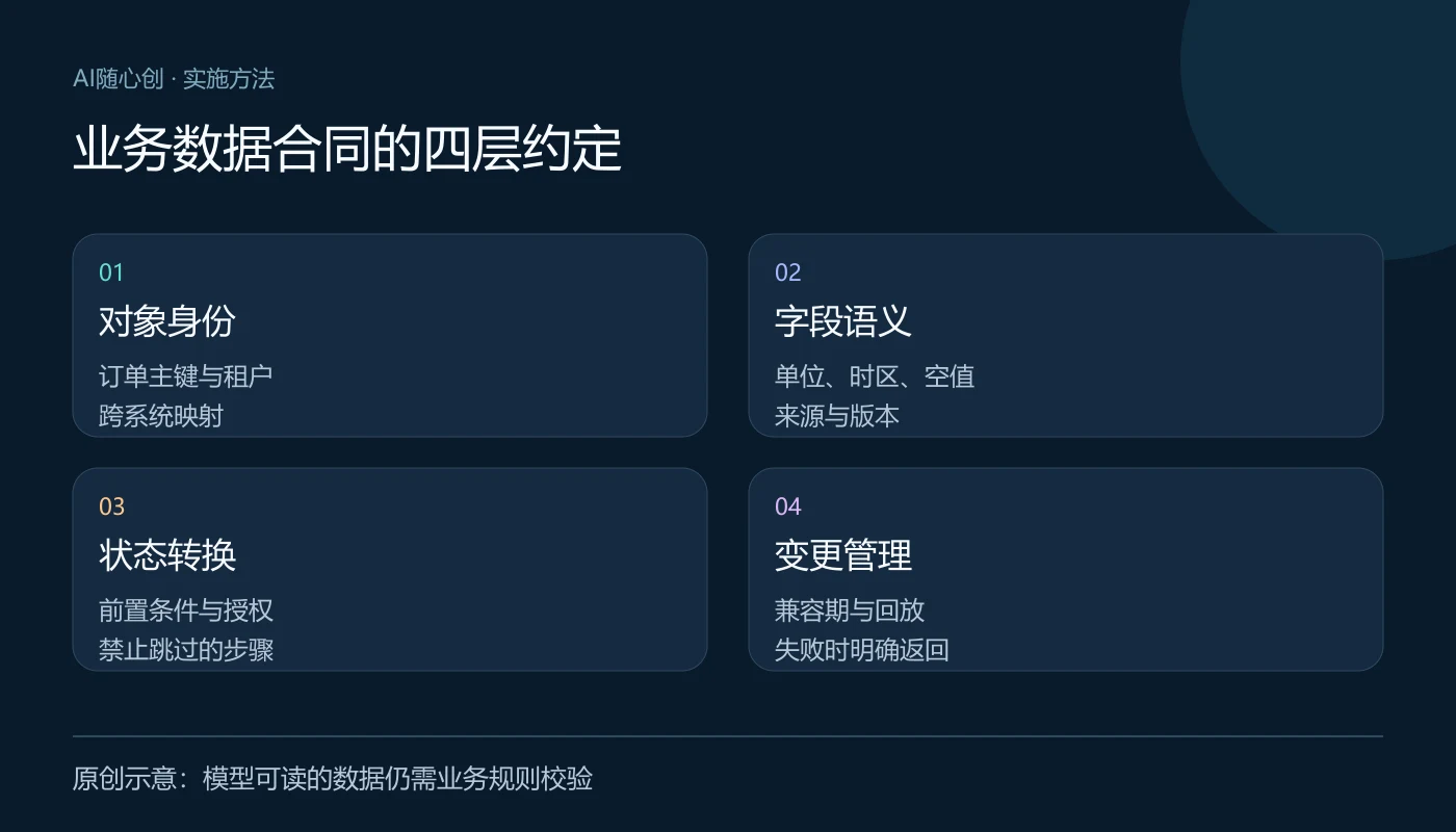业务数据合同的四层约定:对象身份(订单主键与租户、跨系统映射);字段语义(单位、时区、空值、来源与版本);状态转换(前置条件与授权、禁止跳过的步骤);变更管理(兼容期与回放、失败时明确返回)