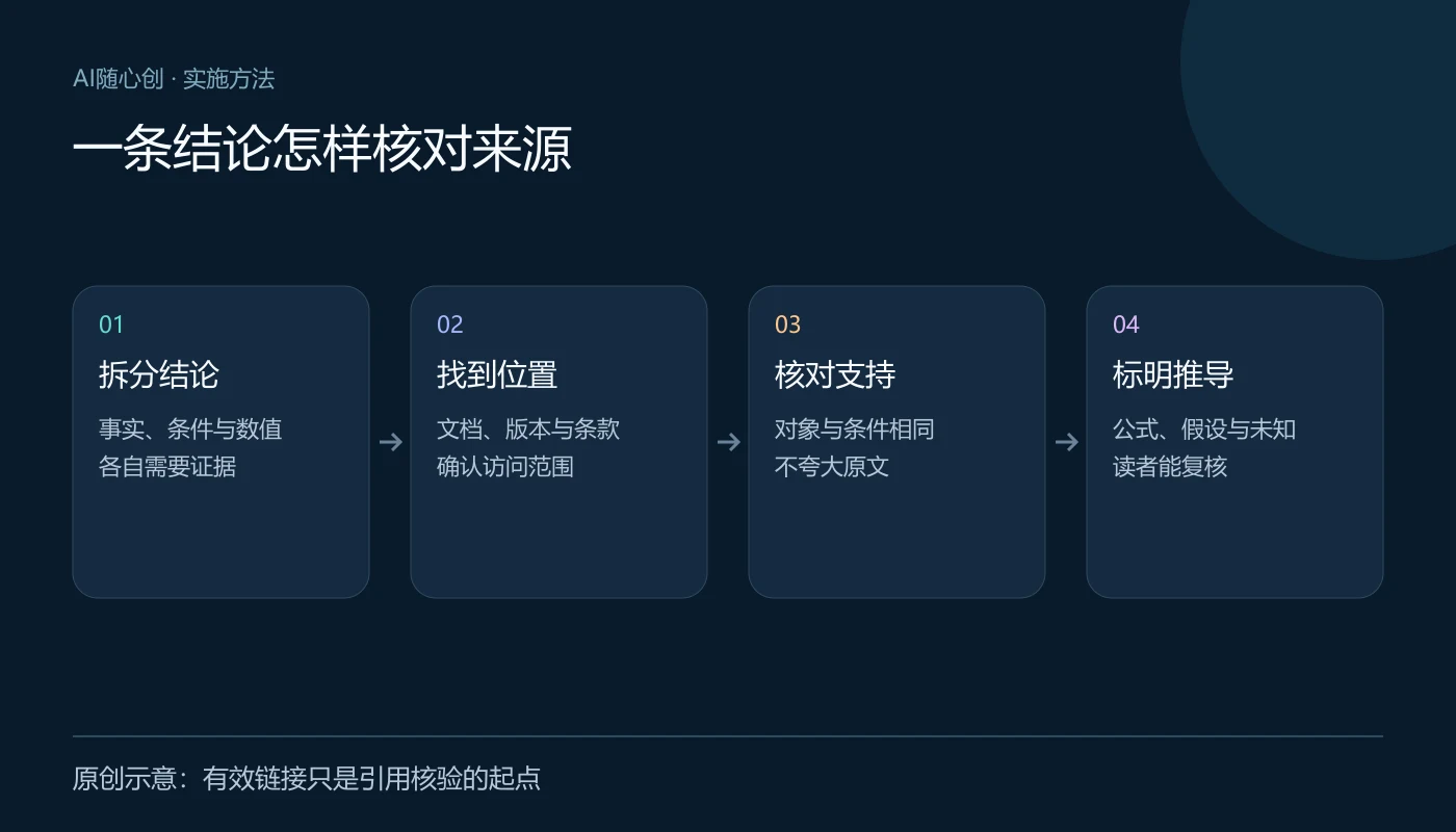 一条结论怎样核对来源:拆分结论(事实、条件与数值、各自需要证据);找到位置(文档、版本与条款、确认访问范围);核对支持(对象与条件相同、不夸大原文);标明推导(公式、假设与未知、读者能复核)
