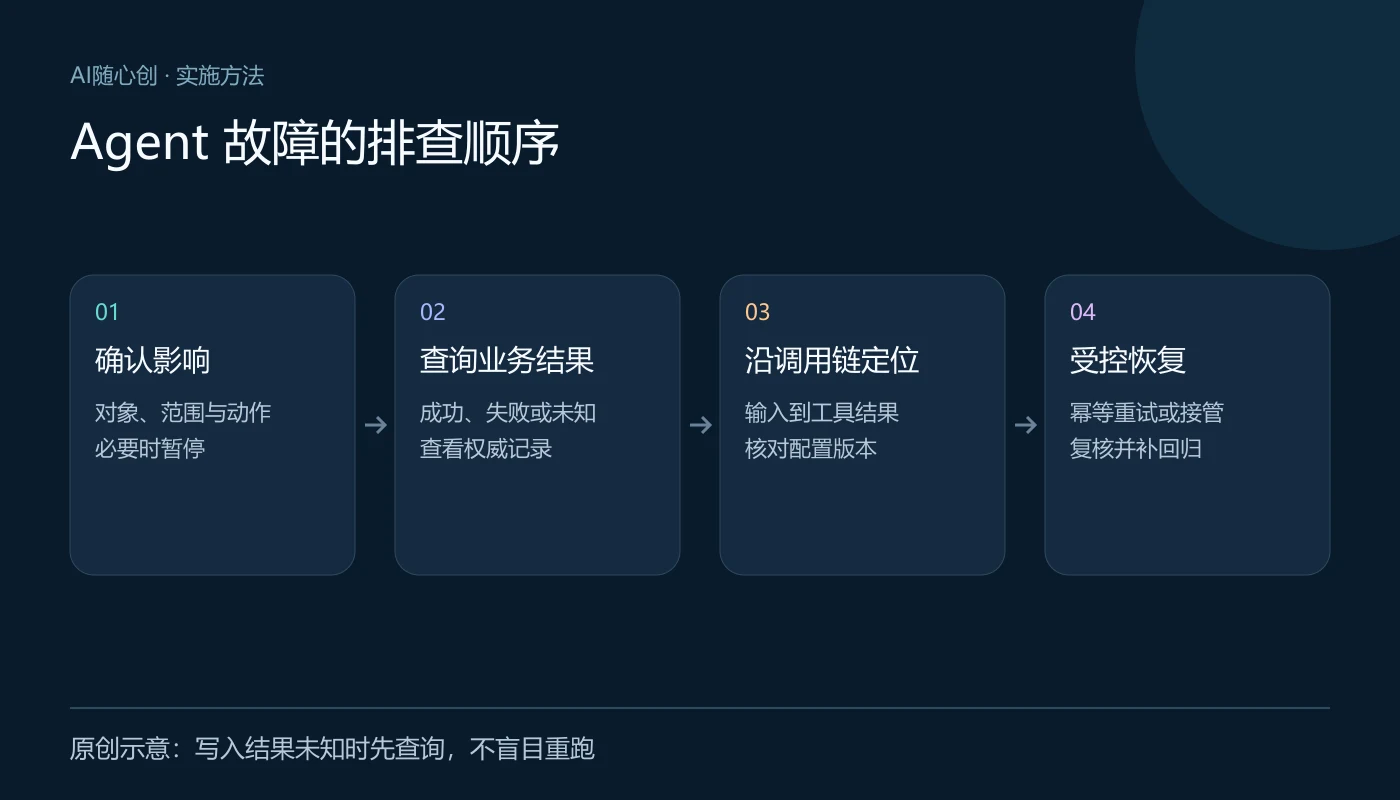 Agent 故障的排查顺序:确认影响(对象、范围与动作、必要时暂停);查询业务结果(成功、失败或未知、查看权威记录);沿调用链定位(输入到工具结果、核对配置版本);受控恢复(幂等重试或接管、复核并补回归)