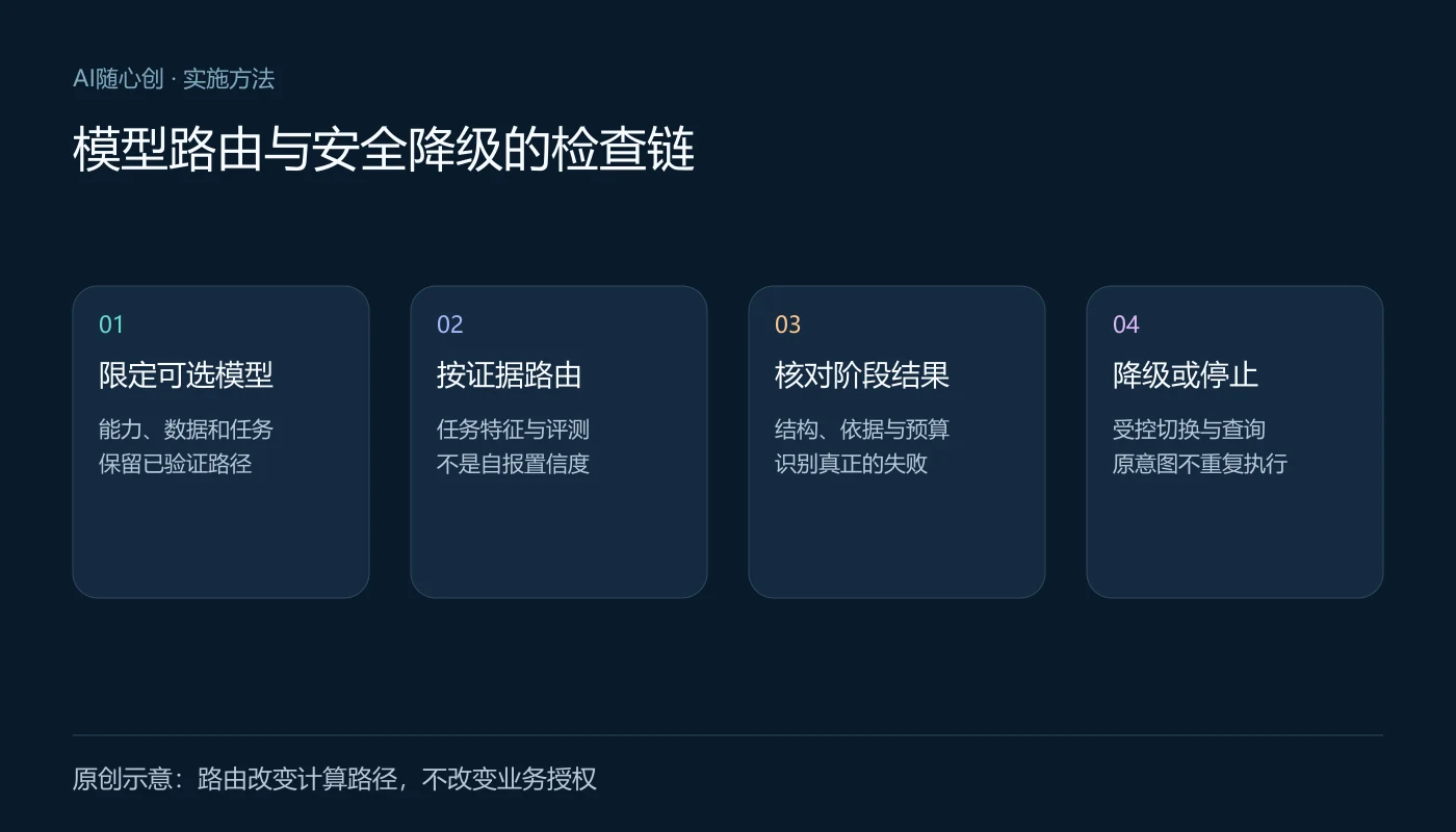 模型路由与安全降级的检查链:限定可选模型(能力、数据和任务、保留已验证路径);按证据路由(任务特征与评测、不是自报置信度);核对阶段结果(结构、依据与预算、识别真正的失败);降级或停止(受控切换与查询、原意图不重复执行)