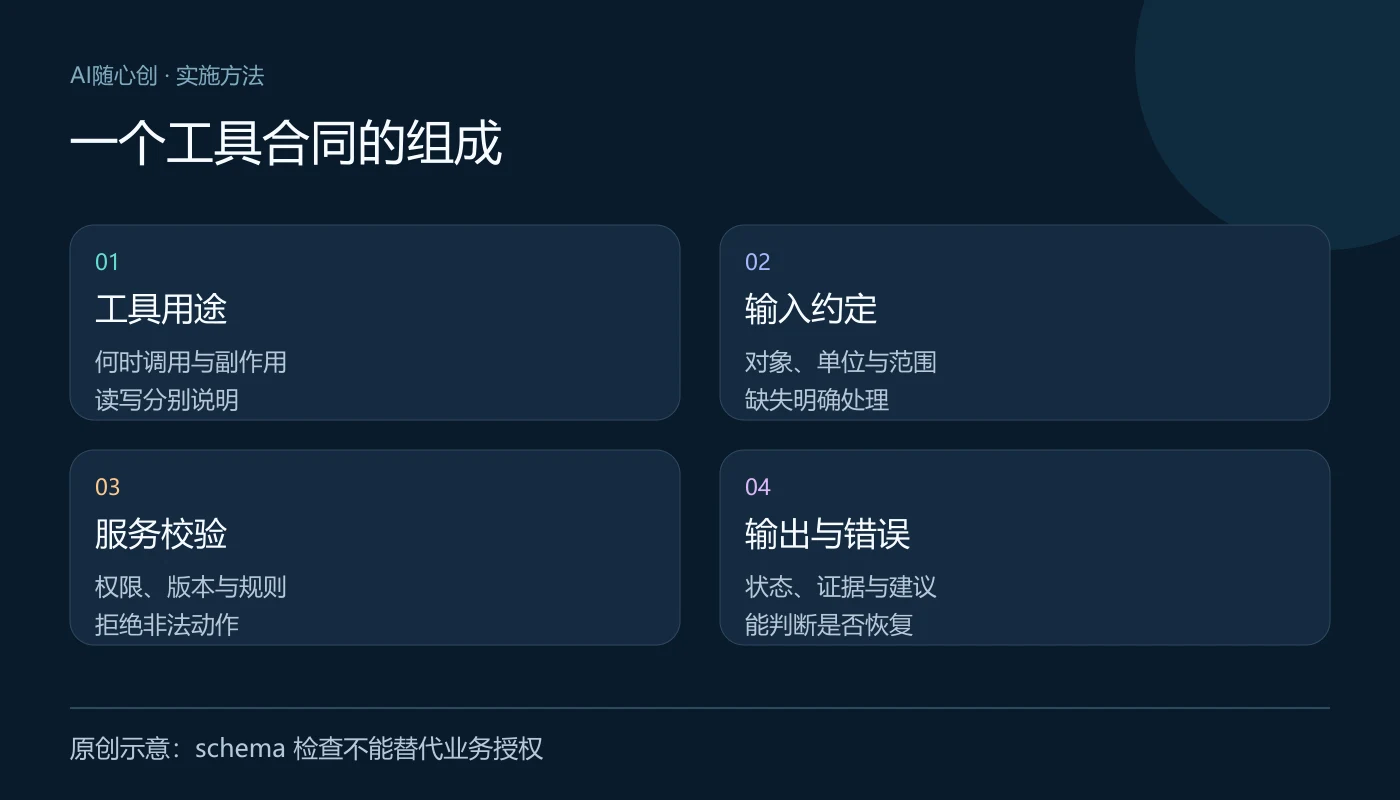 一个工具合同的组成:工具用途(何时调用与副作用、读写分别说明);输入约定(对象、单位与范围、缺失明确处理);服务校验(权限、版本与规则、拒绝非法动作);输出与错误(状态、证据与建议、能判断是否恢复)