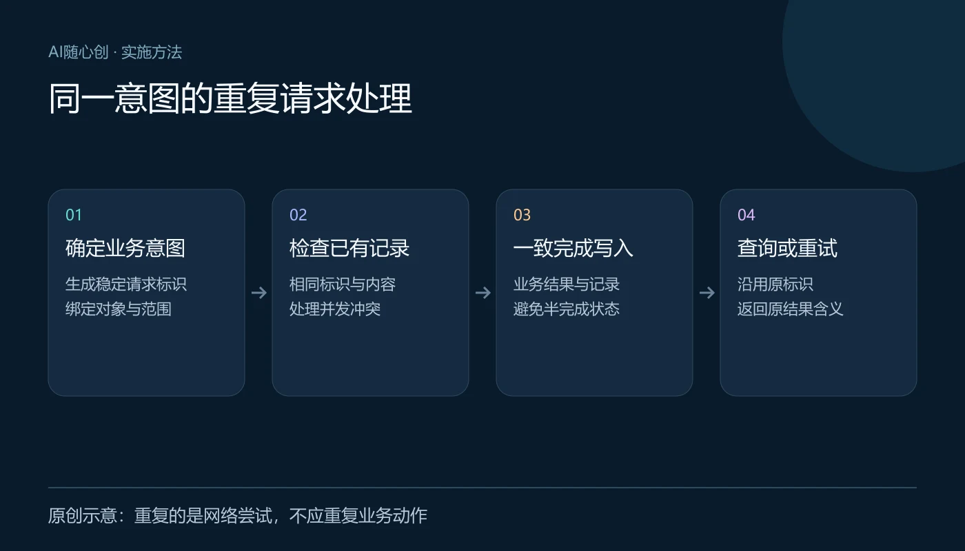 同一意图的重复请求处理:确定业务意图(生成稳定请求标识、绑定对象与范围);检查已有记录(相同标识与内容、处理并发冲突);一致完成写入(业务结果与记录、避免半完成状态);查询或重试(沿用原标识、返回原结果含义)